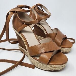 Paige Wedge Sandal Women 8.5 Talia Brown Leather Ankle Wrap Cross Strap Platform